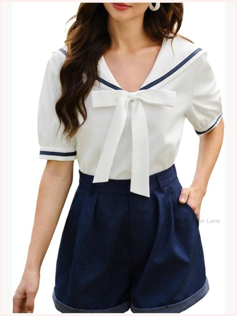 Short Sleeve Bowknot Sailor Collar Blouse Women Dressy Casual Top